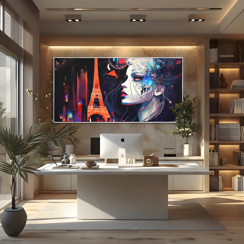Tablou canvas cu tablou canvas cu femeie si turnul eiffel, in rama de aluminiu argintiu, pe perete intr-un birou